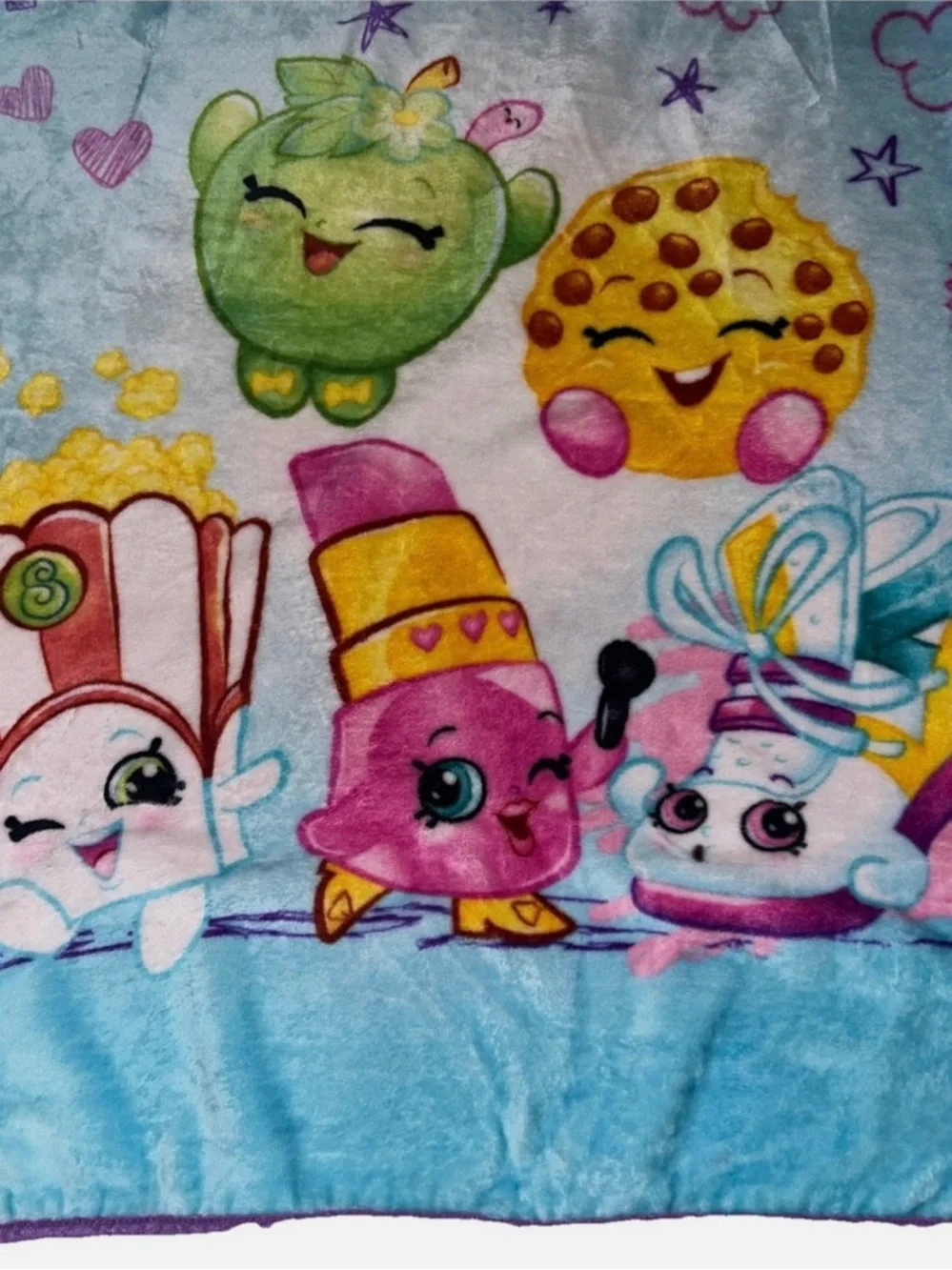 Shopkins Plush Throw Blanket - Blue with Colorful Characters